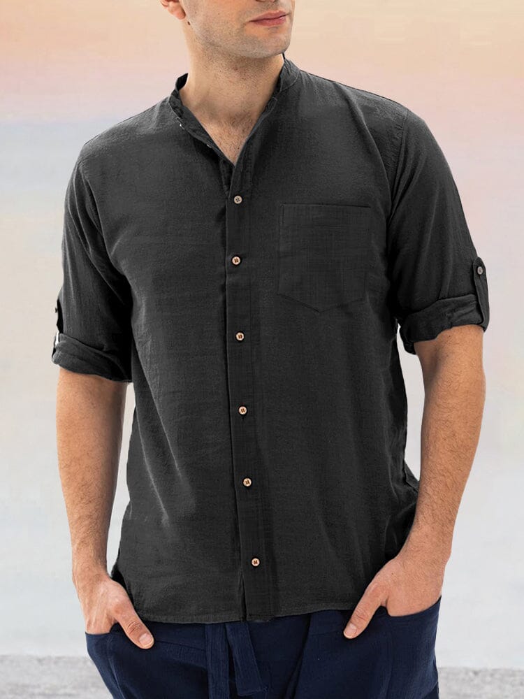 Classic Stand Collar Cotton Linen Shirt Shirts coofandy Black M 