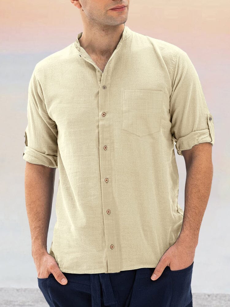 Classic Stand Collar Cotton Linen Shirt Shirts coofandy Beige M 