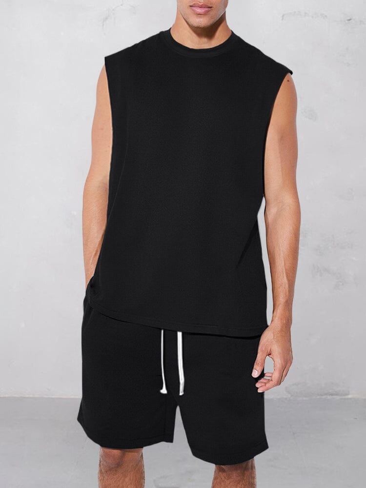 Waffle Knit Tank Top Set Sets coofandystore Black M 