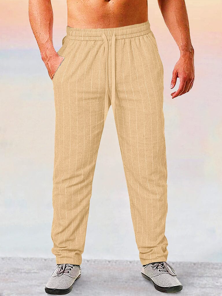 Casual Stripe Cotton Linen Pants Pants coofandy Khaki M 