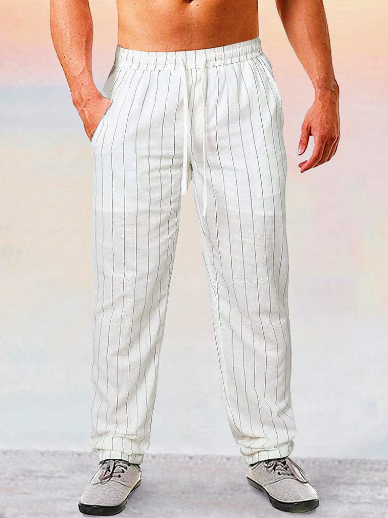 Casual Stripe Cotton Linen Pants Pants coofandy White M 