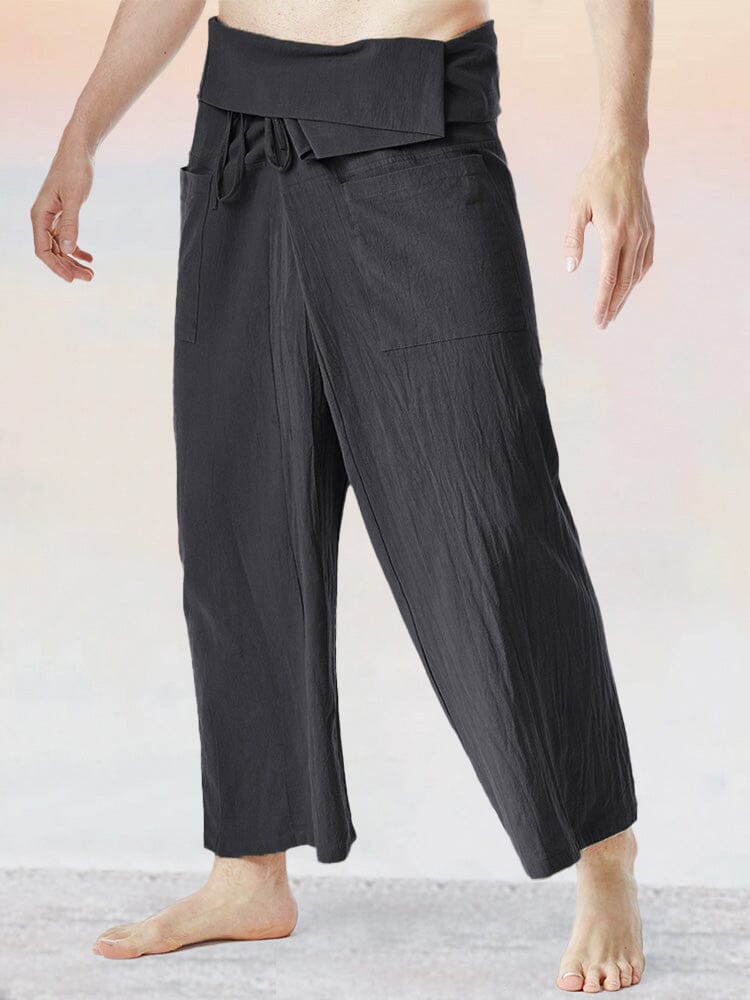 Unique Loose Fit Cotton Linen Fisherman Pants Pants coofandy Black F 