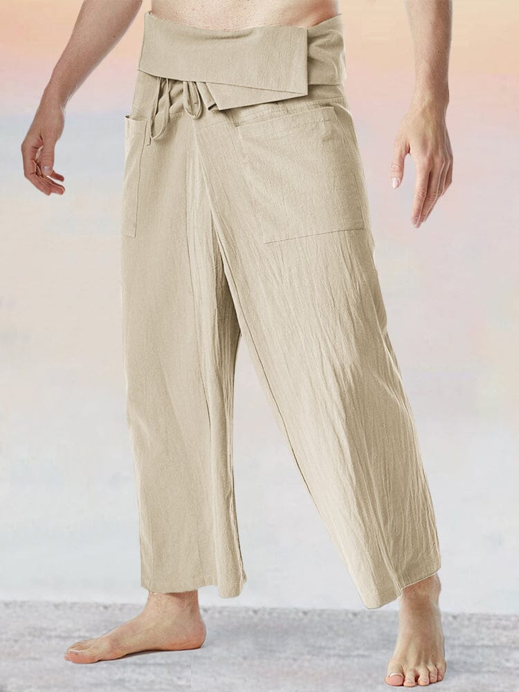 Unique Loose Fit Cotton Linen Fisherman Pants Pants coofandy Khaki F 