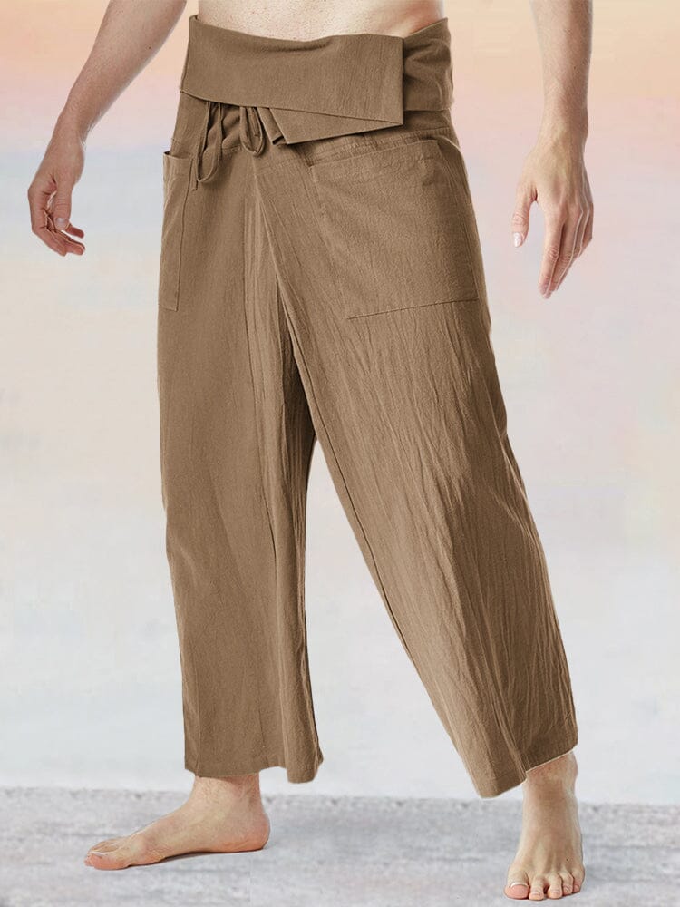 Unique Loose Fit Cotton Linen Fisherman Pants Pants coofandy Brown F 