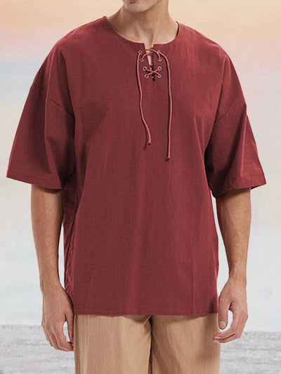 Soft Lace Up Cotton Linen Shirt Shirts coofandy Wine Red M 