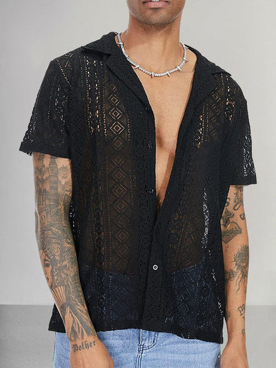 Casual Breathable Hollow Lace Shirt Shirts coofandy Black S 