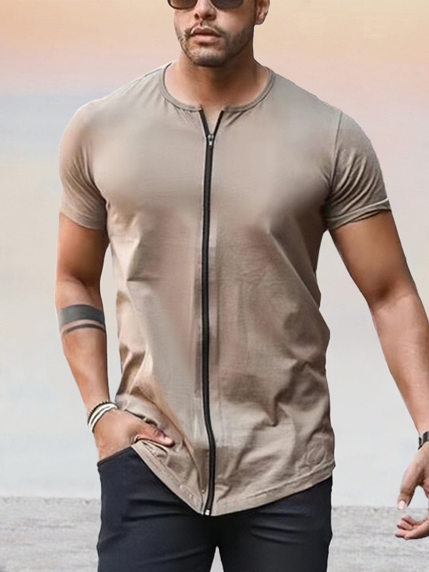 Casual Soft Zipper T-shirt T-shirt coofandy Khaki M 