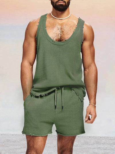 Casual Breathable Knit Tank Top Set Sports Set coofandy Army Green S 