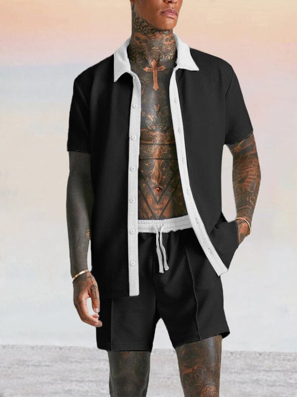 Stylish Splicing Corduroy Shirt Set Sets coofandy Black S 