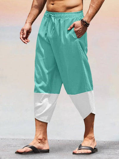 Casual Splicing Cotton Linen Capri Pants Shorts coofandy Green XS 