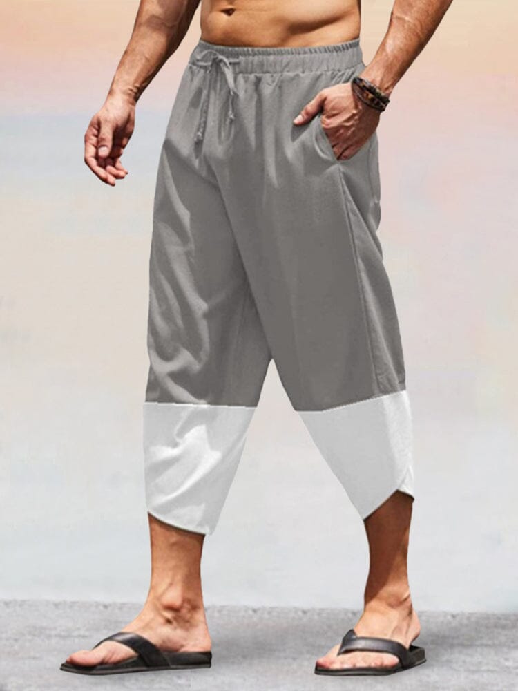 Casual Splicing Cotton Linen Capri Pants Shorts coofandy Grey XS 