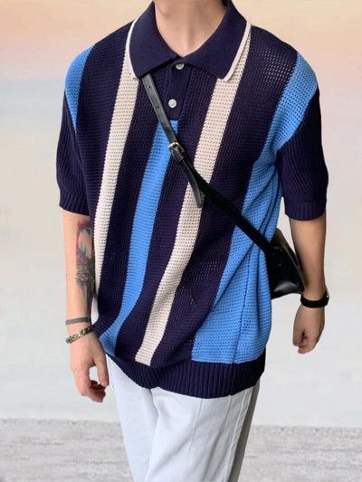 Stylish Stripe Knit Top Polos coofandy Blue S 