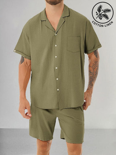 Casual Cotton Linen Shirt Set Sets coofandystore Army Green M 