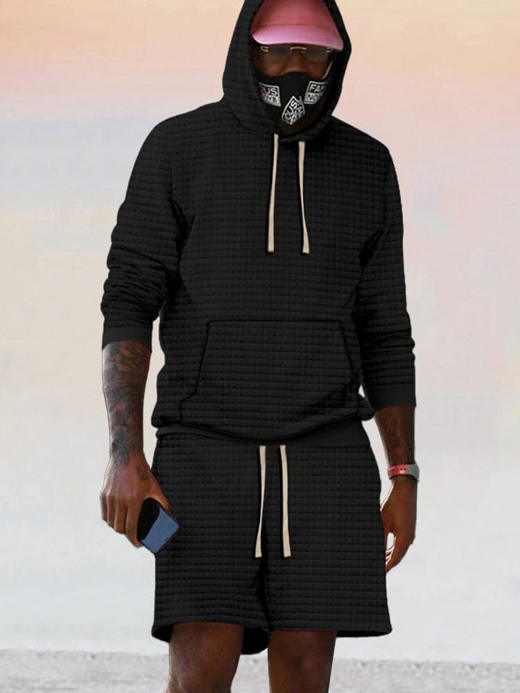 Casual Waffle Hooded Tracksuit Sets Sports Set coofandy Black M 