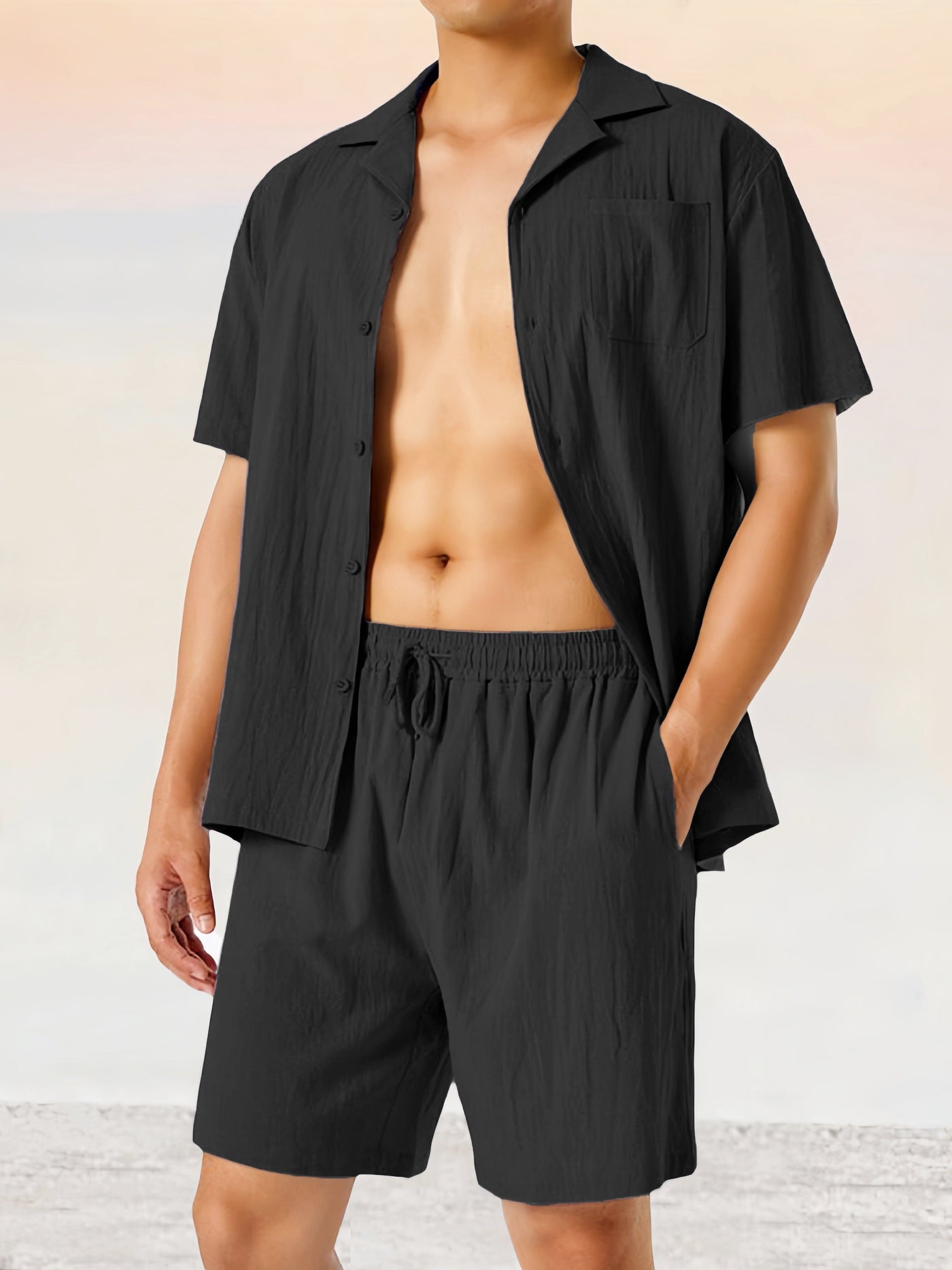 Casual Cotton Linen Shirt Set Sets coofandystore Black M 
