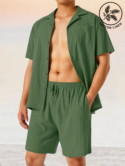 Casual Cotton Linen Shirt Set Sets coofandystore Green S 
