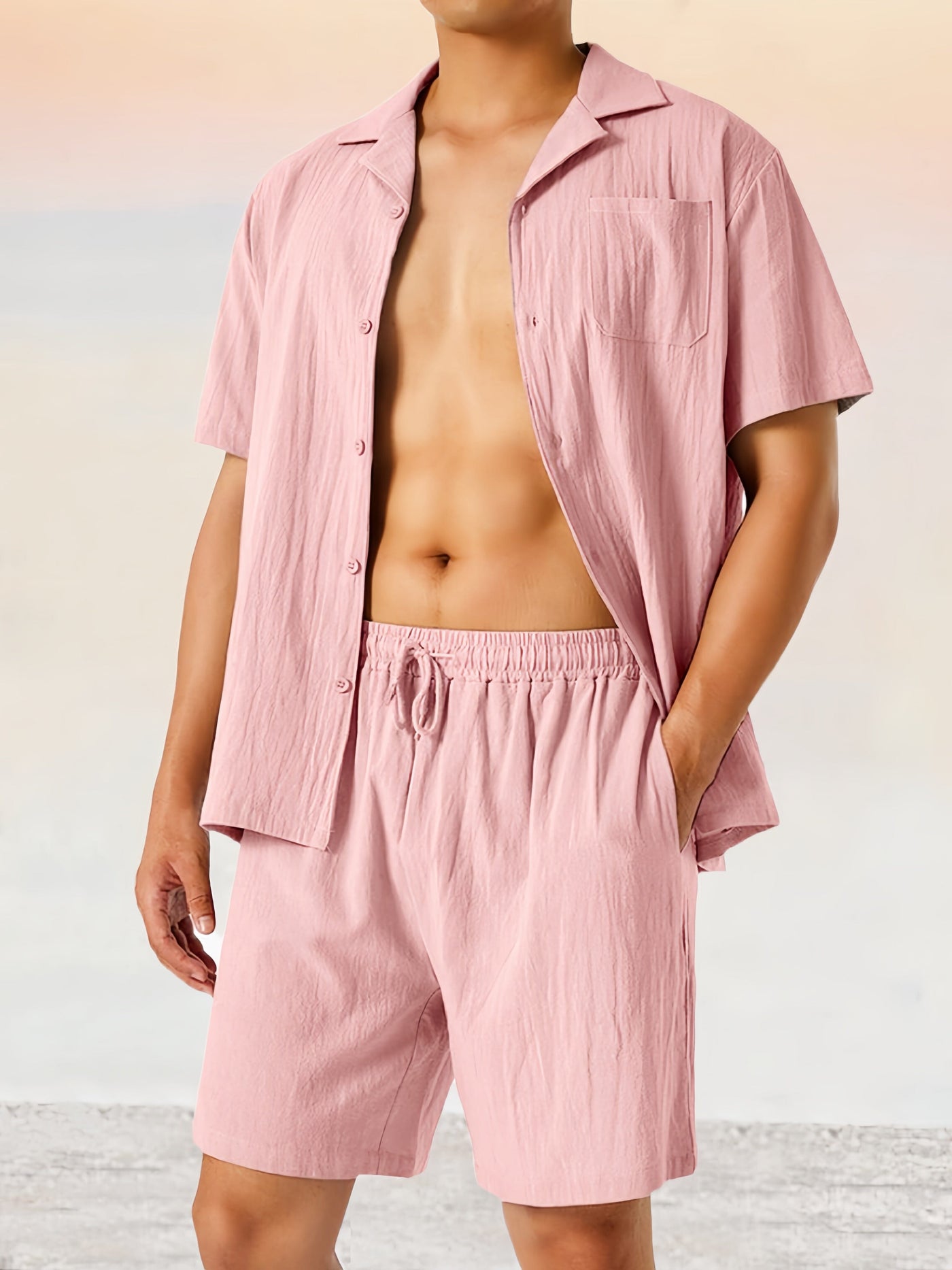 Casual Cotton Linen Shirt Set Sets coofandystore Pink S 