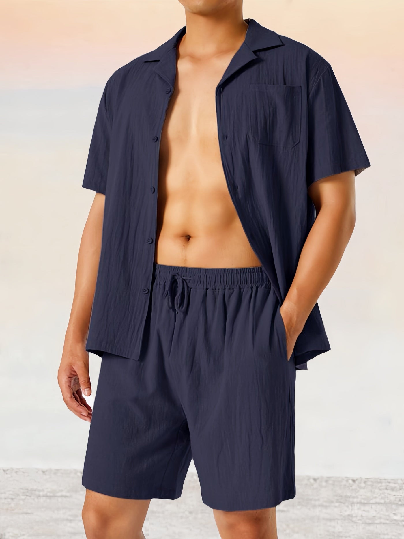 Casual Cotton Linen Shirt Set Sets coofandystore Navy Blue M 