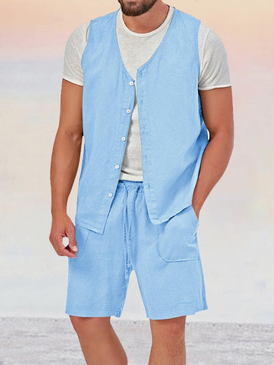 Casual Cotton Linen Vest Sets Sets coofandy Clear Blue M 