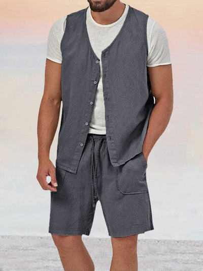 Casual Cotton Linen Vest Sets Sets coofandy Dark Grey M 