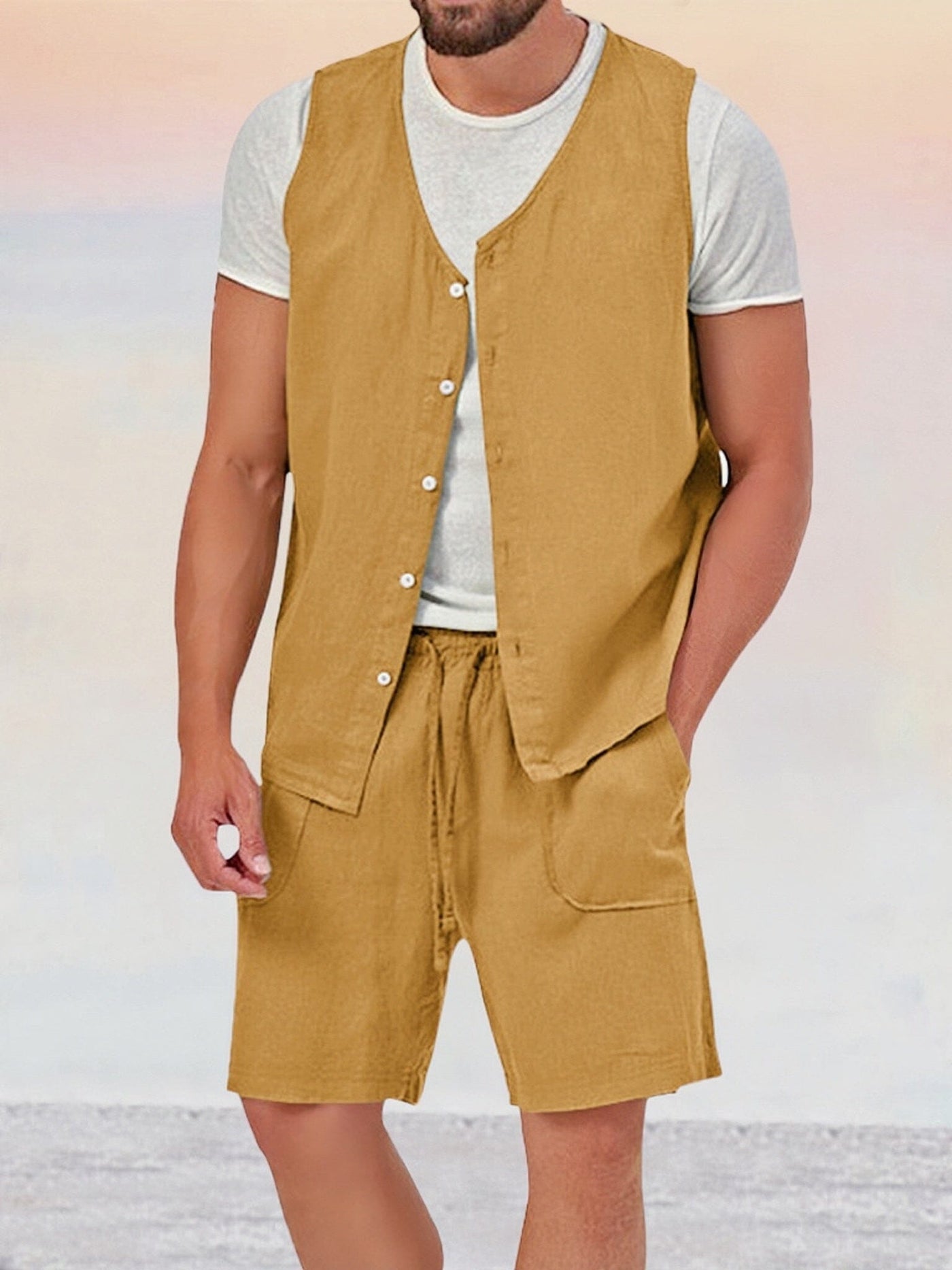 Casual Cotton Linen Vest Sets Sets coofandy Yellow M 