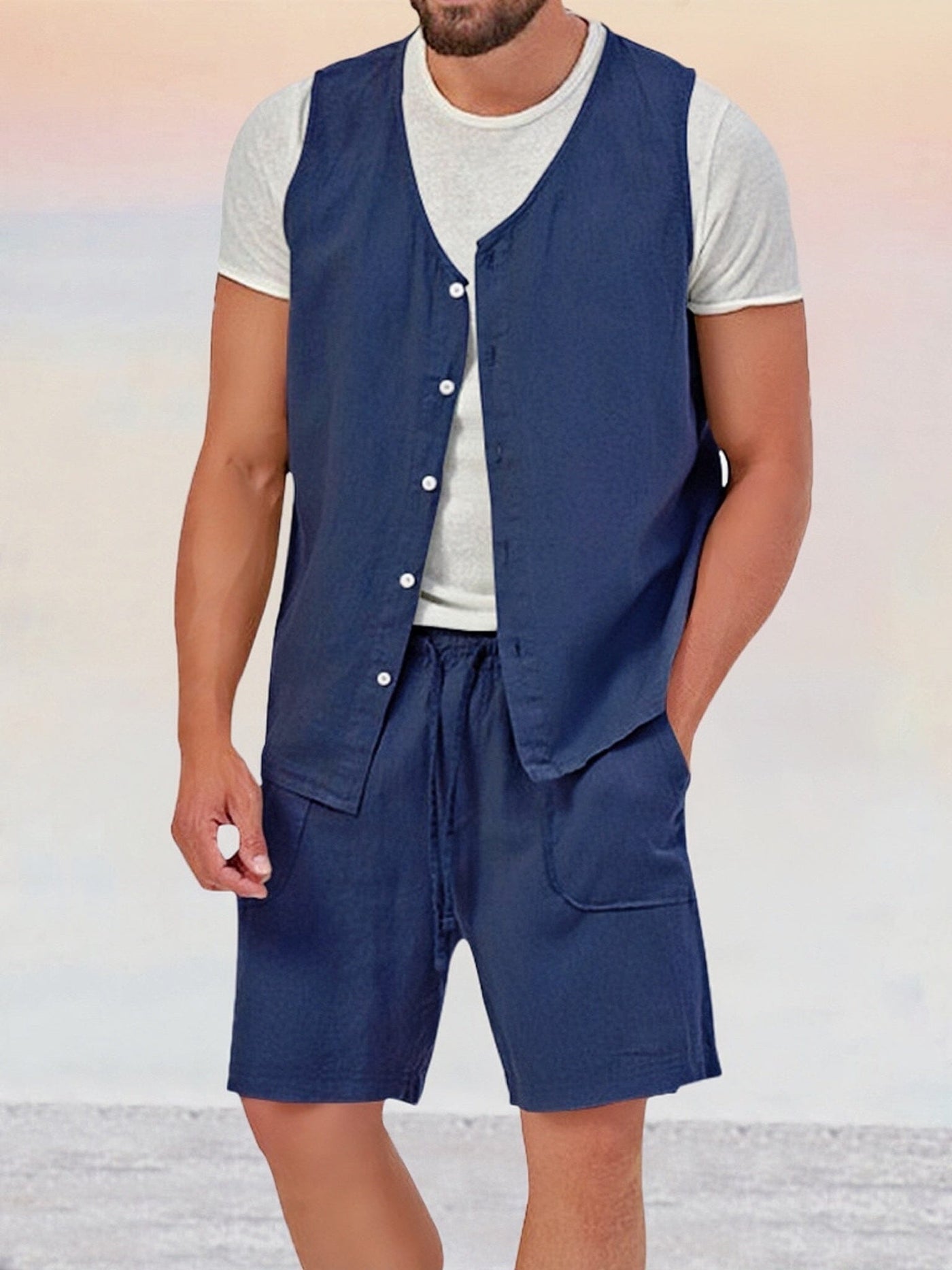 Casual Cotton Linen Vest Sets Sets coofandy Navy Blue M 