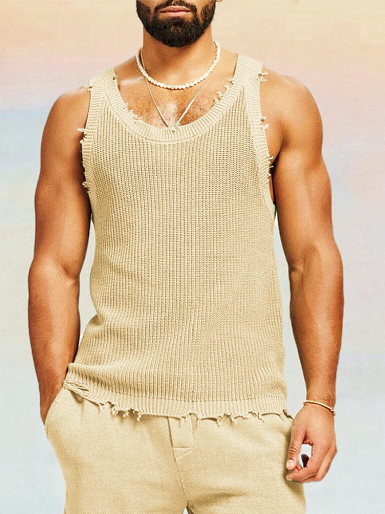 Casual Breathable Knit Tank Top Sports Set coofandy Khaki S 