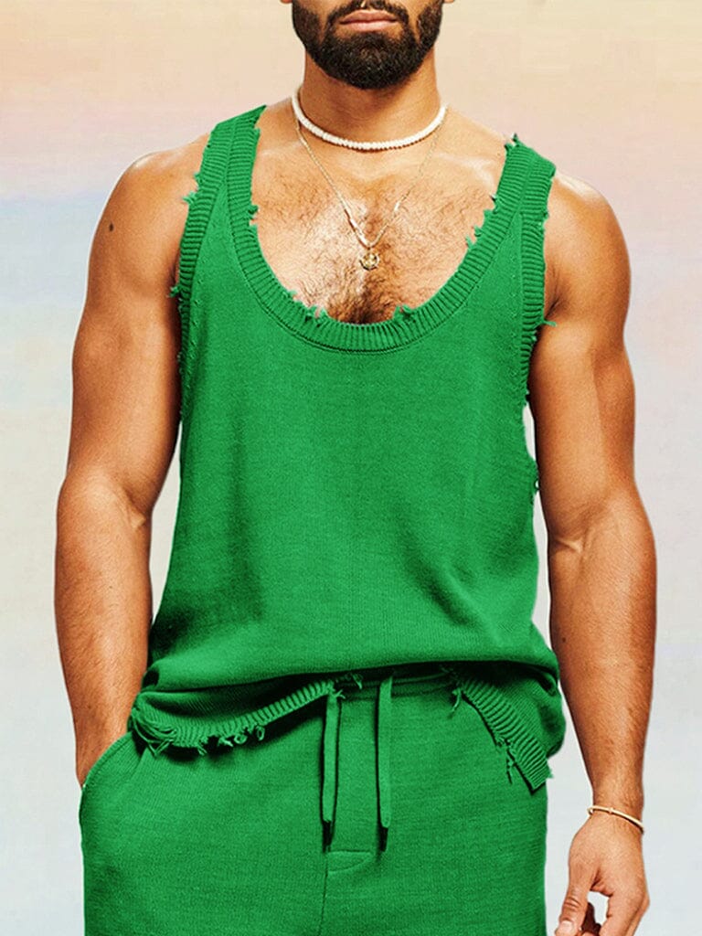 Casual Breathable Knit Tank Top Sports Set coofandy Dark Green S 