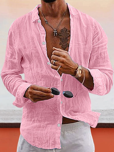 Soft Solid Cotton Linen Shirt Shirts coofandy Pink S 
