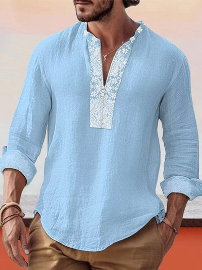Cotton Linen Splicing Printed Shirt Shirts coofandystore Light Blue S 