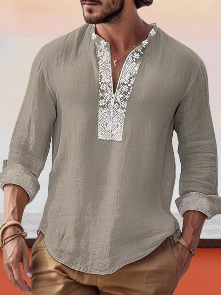 Cotton Linen Splicing Printed Shirt Shirts coofandystore Grey S 