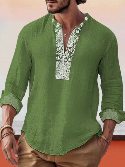 Cotton Linen Splicing Printed Shirt Shirts coofandystore Green S 