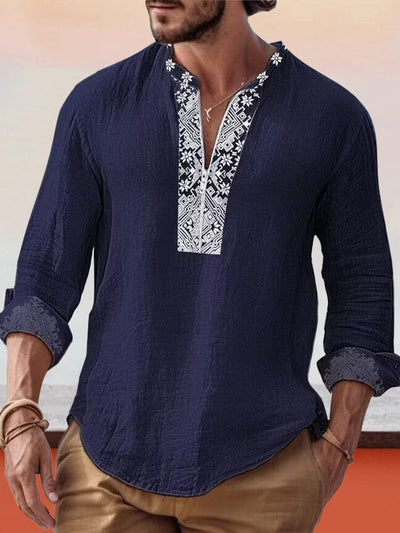 Cotton Linen Splicing Printed Shirt Shirts coofandystore Navy Blue S 