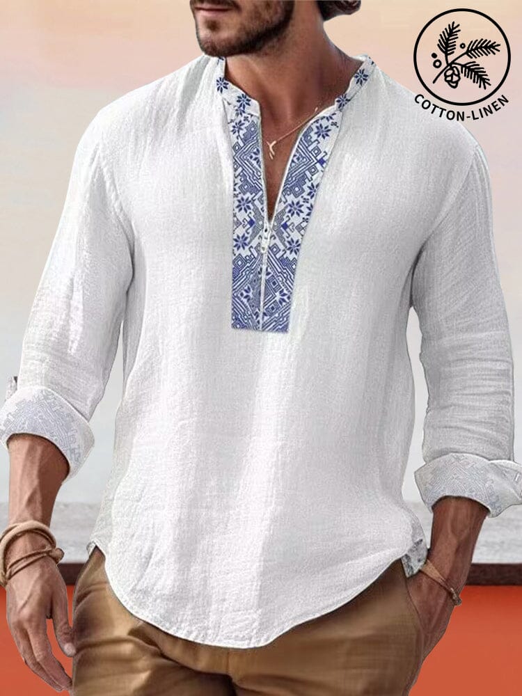 Cotton Linen Splicing Printed Shirt Shirts coofandystore White S 