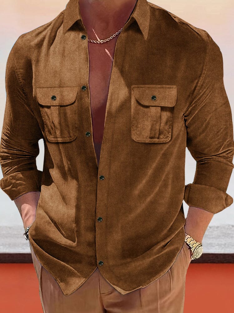 Casual Corduroy Shirt with Pockets Shirts coofandystore Brown S 