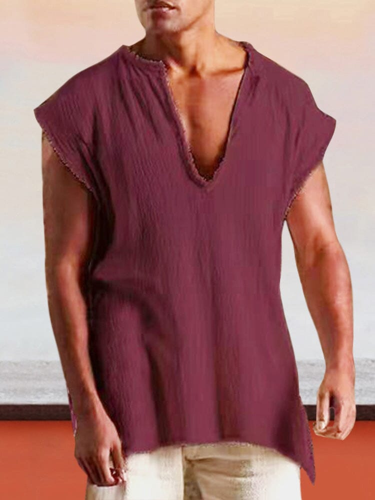 Unique Loose Cotton Linen Tank Top Tank Tops coofandy Wine Red S 