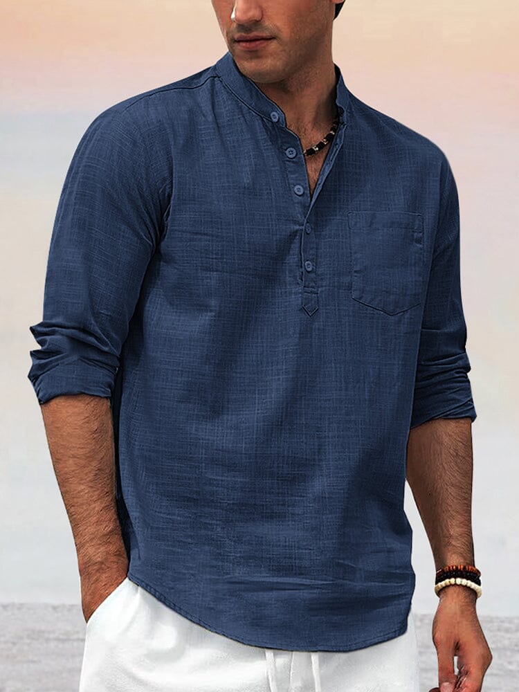 Premium Cotton Linen Henley Shirt Shirts coofandy Navy Blue M 