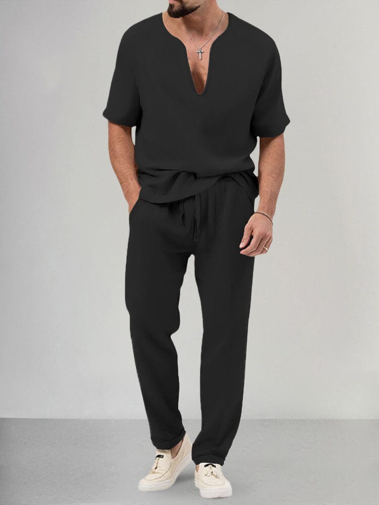 Cozy Cotton Linen Shirt Set Sets coofandystore Black S 