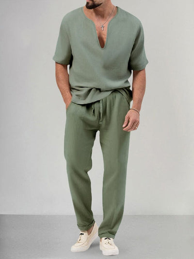 Cozy Cotton Linen Shirt Set Sets coofandystore Green S 