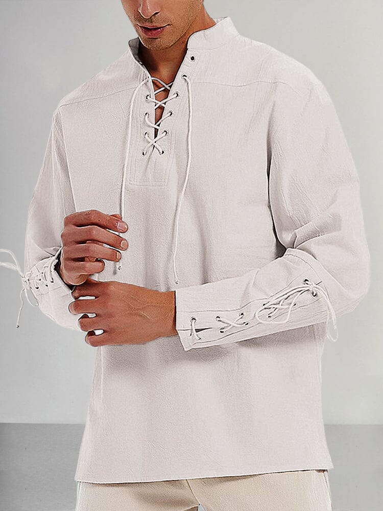 Lace Up Cotton Linen Shirt Shirts coofandystore Cream S 