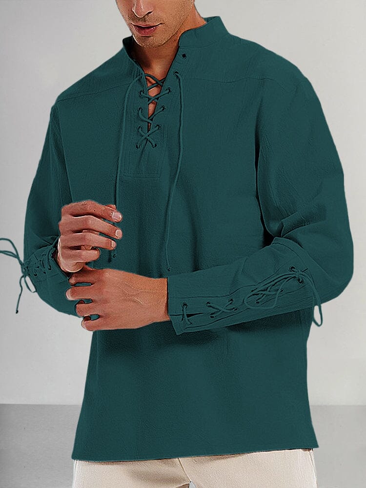 Lace Up Cotton Linen Shirt Shirts coofandystore Green S 