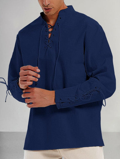 Lace Up Cotton Linen Shirt Shirts coofandystore Navy Blue S 