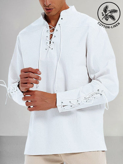 Lace Up Cotton Linen Shirt Shirts coofandystore White S 