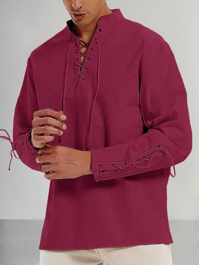 Lace Up Cotton Linen Shirt Shirts coofandystore Wine Red S 