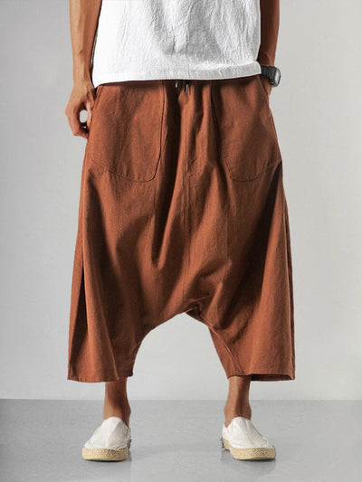 Cotton Linen Loose Harem Pants Pants coofandy Brown M 