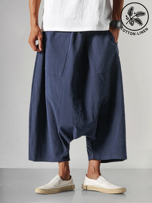 Cotton Linen Loose Harem Pants Pants coofandy Navy Blue M 