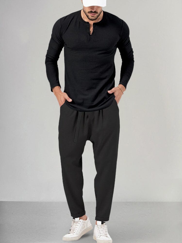 Casual Henley Shirt Set Sets coofandystore Black M 