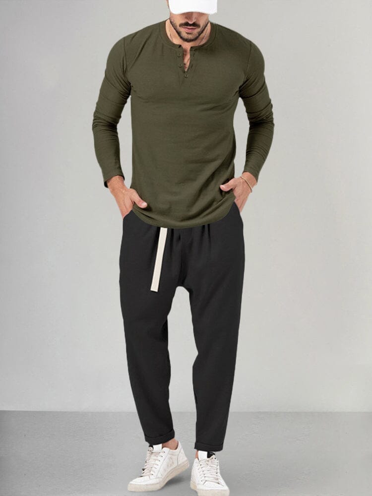 Casual Henley Shirt Set Sets coofandystore Army Green/Black M 