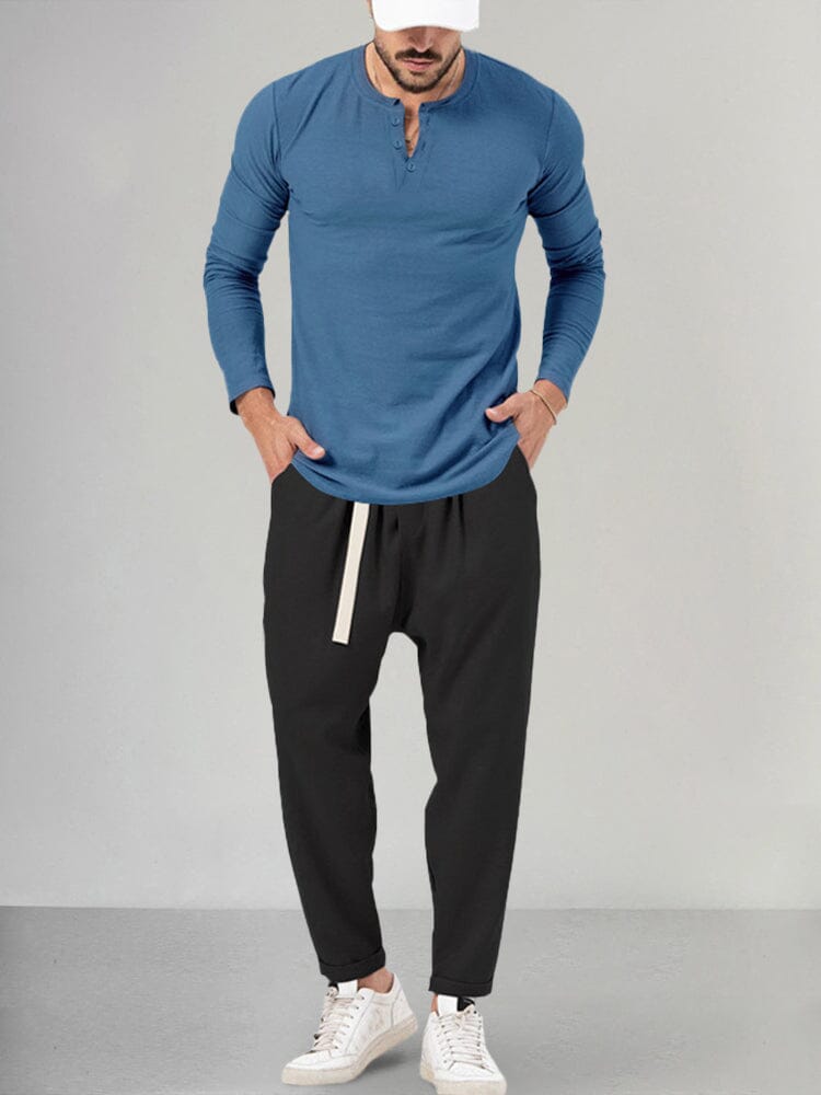 Casual Henley Shirt Set Sets coofandystore Blue/Black M 