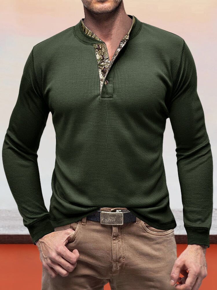 Casual Waffle Henley Shirt Shirts coofandystore Army Green S 